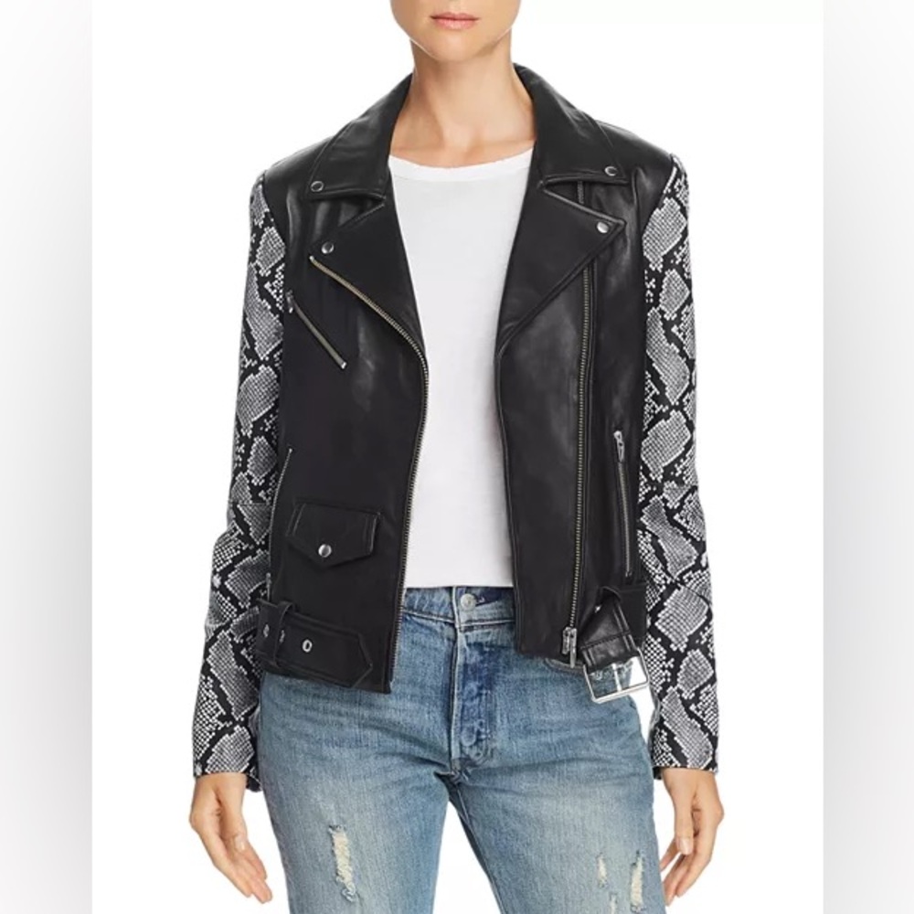 Veda Black Leather Jacket with Snakeskin Print Sleeves